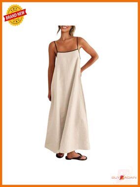 Linen Maxi Dress with Contrast Trim Spaghetti Strap Backless Casual Beach Party